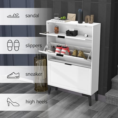 TaoHFE Wooden White Hidden Shoe Cabinet Entryway Shoe Storage Cabinet Narrow Shoe Cabinet Free Standing Shoe Rack Organizer for Closet Shoe Drawer Storage 3 Tier Rack for Front Door Entrance