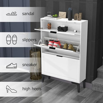TaoHFE Wooden White Hidden Shoe Cabinet Entryway Shoe Storage Cabinet Narrow Shoe Cabinet Free Standing Shoe Rack Organizer for Closet Shoe Drawer Storage 3 Tier Rack for Front Door Entrance