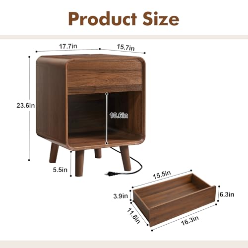Nasonet Small Night Stand, 17.7'' Wide Bedside Table with Charging Station, Mid Century Modern Nightstands with Drawers, Bedroom Side Table End Table for Living Room, Curved Beveled Design, Walnut - color: Walnut, size: 1 Drawer