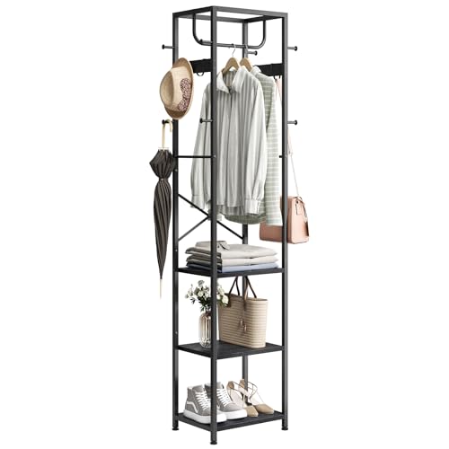 ELYKEN Coat Rack Freestanding, Hall Tree with 3 Storage Shelves and 12 Hooks, Metal Clothes Rack Stand Organizer for Bedroom, Hallway, Entryway, Office, Living Room, Black - color: Black