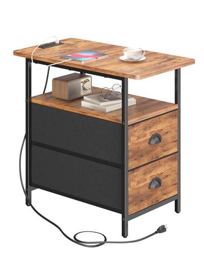 sthmec End Table with Charging Station, Narrow Side Table with 2 Drawers, Nightstands with Drawers, USB Ports & Power Oulets,Slim Sofa Side Tables for Small Spaces,Living Room,Bedroom,Rustic Brown - color: Rustic Brown, size: 11.75'' W x 21'' D x 24.3'' H