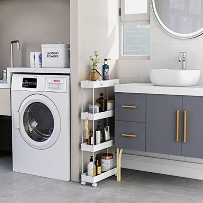 4 Tier Slim Storage Cart Mobile Shelving Unit Organizer Slide Out Storage Rolling Utility Cart Tower Rack for Kitchen Bathroom Laundry Narrow Places, Plastic & Stainless Steel, White
