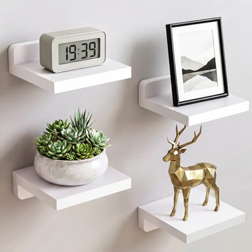 Fixwal Small Floating Shelves for Wall Decor (5Inch, Wood, White, Set of 4) | Rustic wood shelf for displaying mini frames, plants, collectibles. Fits bedroom, living room, bathroom, kitchen, or office. - color: White, size: 5in