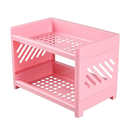 2 Tier Plastic Countertop Shelf Organizer Storage Rack, Multifunction Pantry Storage Organizer Kitchen Spice Rack Bathroom Shelf Organizer Tabletop Shelf Organizer (Pink) - color: Pink