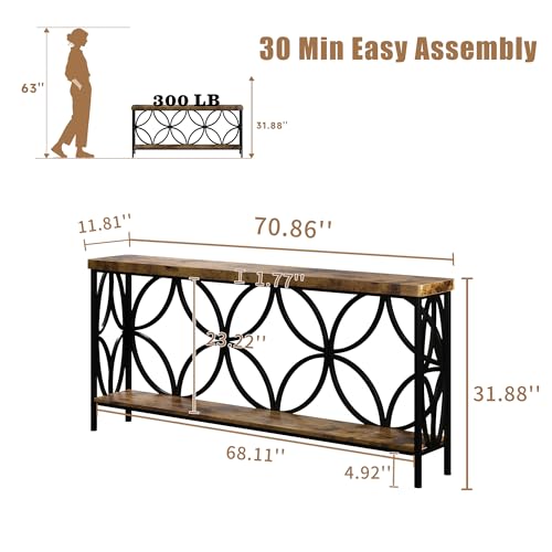 karlott 70.9 inch Extra Long Sofa Table, Industrial Console Table Behind Couch with 2 Tier Storage Shelf, Entryway Console Table for Entryway, Living Room, Foyer, Hallway, Unique Design, Rustic Brown - color: Rustic Brown