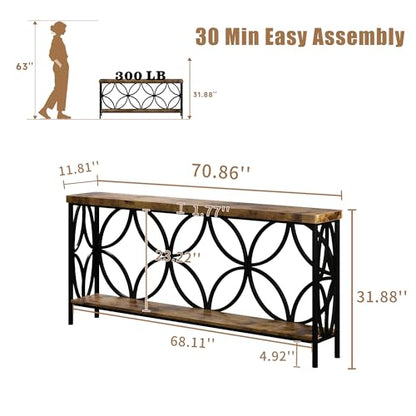 karlott 70.9 inch Extra Long Sofa Table, Industrial Console Table Behind Couch with 2 Tier Storage Shelf, Entryway Console Table for Entryway, Living Room, Foyer, Hallway, Unique Design, Rustic Brown - color: Rustic Brown