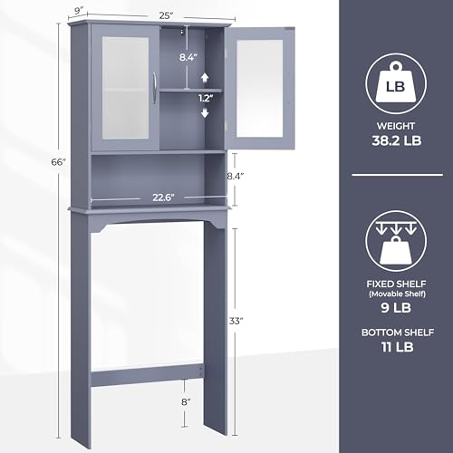 Yaheetech Over The Toilet Storage Cabinet, Free Standing Toilet Rack with Adjustable Shelves and Tempered Glass Doors for Bathroom Washroom, Grey - color: Grey