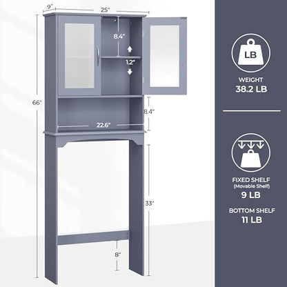 Yaheetech Over The Toilet Storage Cabinet, Free Standing Toilet Rack with Adjustable Shelves and Tempered Glass Doors for Bathroom Washroom, Grey - color: Grey