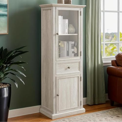 65" Tall Bookcase with Tempered Glass Door, Elegant Freestanding Display Cabinet with Drawer, Modern Wooden Kitchen Pantry Storage Cabinets for Living Room/Office(White) - color: White & 24 X 65