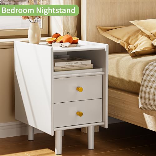 Narrow Nightstand with 2 Drawers, 11.81" Solid Wood Narrow Bedside Table | Pine Wood, Modern Night Stand with Open Shelf & Cable Hole, Slim Narrow Side Table for Bedroom, White