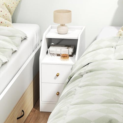 KOMFOTT Set of 2 Side Tables with Charging Station, End Tables with Storage Drawers, Sofa Couch Tables for Small Space, Modern Nightstands for Bedroom (White,2) - color: White