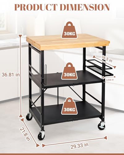 Mythinglogic Foldable Kitchen Cart with Wheels, Rolling Kitchen Island with Wood Top, 3-Tier Microwave Stand Coffee Bar Cart with Side Storage Rack, Black - size: 21.89"D x 29.33"W x 36.81"H
