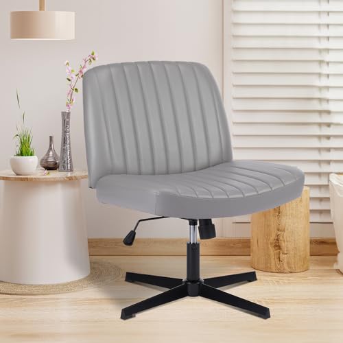 OLIXIS Criss Cross Chair, Vanity Chair, Home Office Desk | Armless No Wheels Wide Seat, Height Adjustable Swivel, Faux Leather, Bedroom Student Study, Grey Dual Base - color: Grey Dual Base