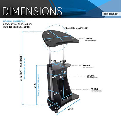 Techni Mobili Sit-to-Stand Mobile Medical Laptop Computer Cart, Black, Adjustable Height, B005 | Adjustable height rolling laptop cart with storage, open shelf, wheels, sit‑to‑stand ideal for podium office medical use - color: Black