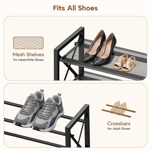 YEASHEIN 2-Tier Expandable Shoe Rack Organizer with Wire Mesh Shelves, Sturdy Metal Shoe Shelf with 3-Tier Storage, adjustable Shoe Stand, Free Standing Shoe Rack for Closet, Entryway, Garage - Black - size: 2 Tier