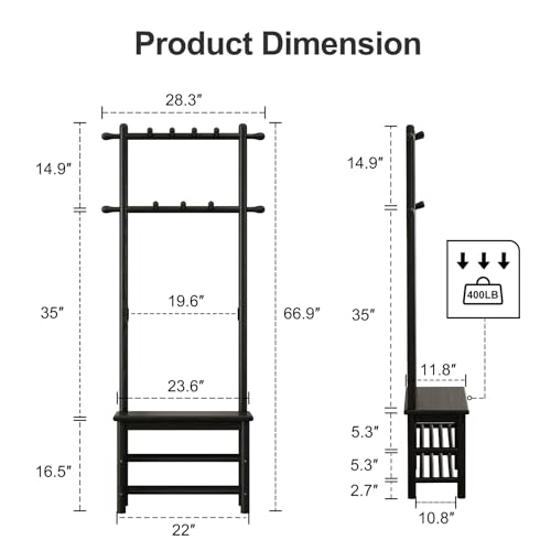 AQIMUELE Coat Rack with Shoe Storage, Narrow Wooden Hall Tree with Bench, 11 Hooks and 2-Tier Storage Shelves, 3-in-1, Entryway Bench with Coat Rack (23.6"-Black)