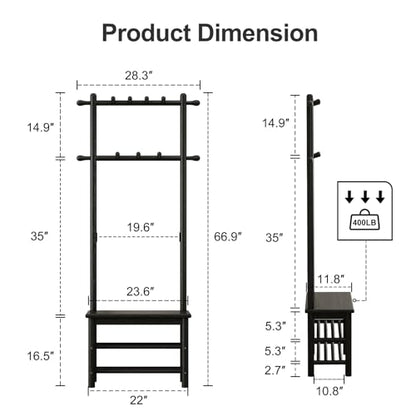 AQIMUELE Coat Rack with Shoe Storage, Narrow Wooden Hall Tree with Bench, 11 Hooks and 2-Tier Storage Shelves, 3-in-1, Entryway Bench with Coat Rack (23.6"-Black)