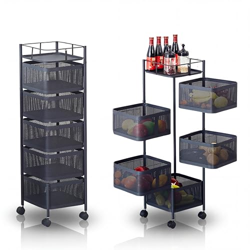 GarveeHome Rolling Storage Cart, 5 Tier Metal Mesh Rolling Cart Organizer with Top Lid, Rotating Kitchen Storage Cart, Organizador De Frutas y Verduras for Fruit Vegetable Grocery Storage, Black - color: Black