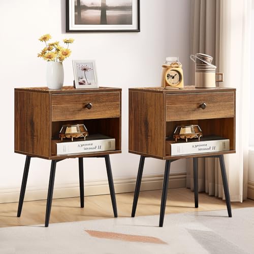 VECELO Nightstands Set of 2, Mid Century Modern End Bedside Table, Night Stand with Storage Drawer and 2 Tiers Open Shelf for Small Place, Bedroom, Living Room, Easy Assembly, Rustic Brown - color: Rustic Brown