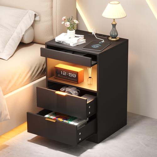 Yusong Night Stand, Black Nightstand, LED Nightstand with Charging Station, Modern Night Stand, Bedside Table, Wood Sofa Couch End Side Table with 2 Pull-Out Shelf - color: Black 001