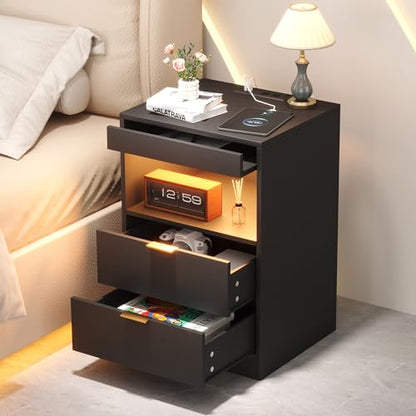 Yusong Night Stand, Black Nightstand, LED Nightstand with Charging Station, Modern Night Stand, Bedside Table, Wood Sofa Couch End Side Table with 2 Pull-Out Shelf - color: Black 001