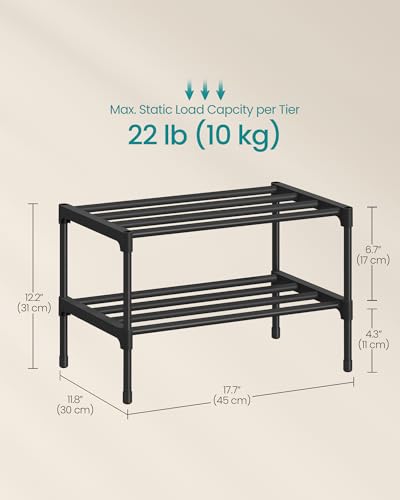 SONGMICS 2-Tier Shoe Rack for Closet, Compact Metal Shoe Organizer Shelf for Entryway, Bedroom, Small Spaces, Stackable, 11.8 x 17.7 x 12.2 Inches, Black ULSA112BH01 - size: 2 Tiers (17.7"W)