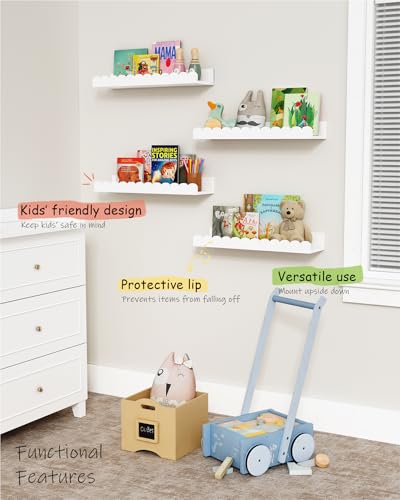 Harwaya Scalloped Nursery Floating Shelves for Wall Set of 4, White Kids Book Shelves Wall Mounted, Cloud Hanging Bookshelf for Baby Toddler Child Girls Boys Room Bathroom Bedroom Toys (Pine Wood) - color: White