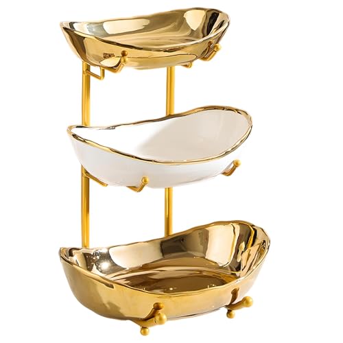 YYW 3 Tier Fruit Bowl for Kitchen Counter, White Gold Silver Ceramic Fruit Stand for Countertop, Home Fruit Rack with Metal Holder, Vegetable Snacks Nuts Bread Candy Storage (Gold (Smooth)) - color: Gold (Smooth)