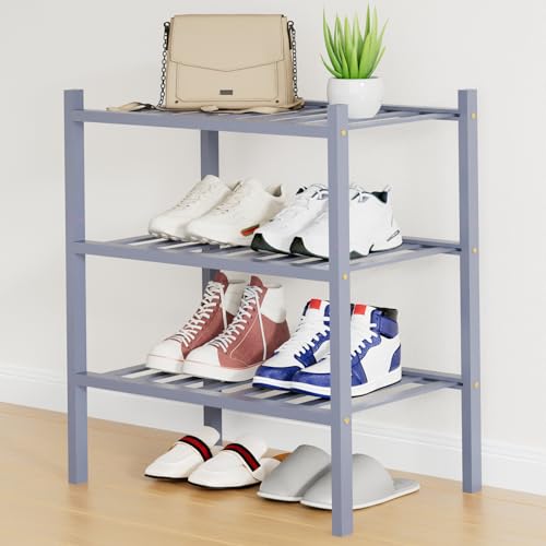 Smiry Bamboo Shoe Rack, 12 Vertical Slats, 3 Tier - 17.3" Wide, Grey | Stackable Free Standing Wooden Shoe Organizer, Wood Shoe Storage Shelf for Closet, Entryway - color: Grey, size: 17.32" Wide - 3 Tier - Regular