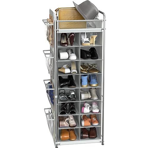 Simple Houseware 16 Cube Shoe Stand Tower Rack 8 Tier, Gray | Top Shelf and Side Hanging Pockets - color: Gray