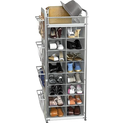 Simple Houseware 16 Cube Shoe Stand Tower Rack 8 Tier, Gray | Top Shelf and Side Hanging Pockets - color: Gray