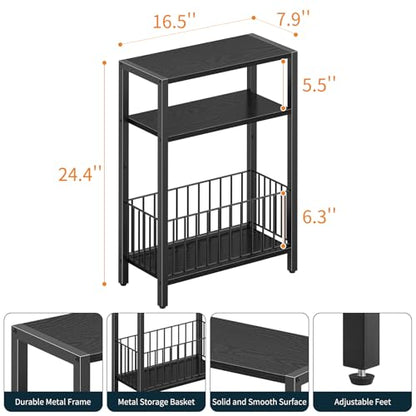 Yoobure Narrow Side Table with Storage Basket, Small End Table for Small Spaces, Skinny Side Tables Living Room Bedroom Office, Slim Nightstand 3 Tier Bedside Table Space-Saving for Magazine, Black - color: Black