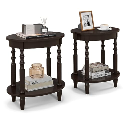 Giantex Oval End Tables Set of 2, 2-Tier Side Tables with Storage Shelf & Solid Wood Legs, Modern Living Room Accent Table, Wood Nightstand for Bedroom, Small Space, 20.5"L x 15.5"D x 24.5"H, Espresso - color: Espresso