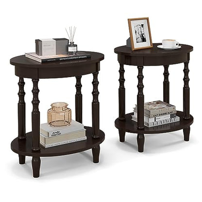 Giantex Oval End Tables Set of 2, 2-Tier Side Tables with Storage Shelf & Solid Wood Legs, Modern Living Room Accent Table, Wood Nightstand for Bedroom, Small Space, 20.5"L x 15.5"D x 24.5"H, Espresso - color: Espresso