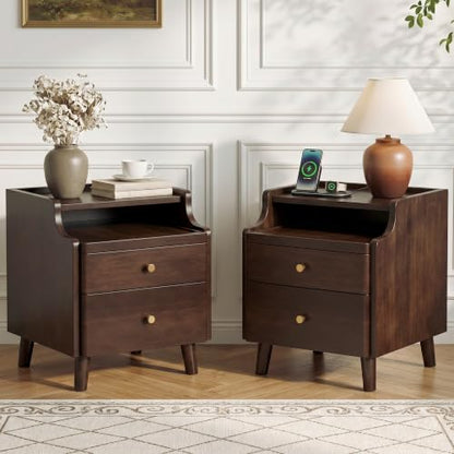 Nightstand Set of 2, Pre-Assembled, 19.7“H Solid Wood Night Stand with 2 Drawers, Open Sliding Shelf, Mid Century Modern Small Bedside Table for Bedroom, Black Walnut 16" - color: Black Walnut-2pack, size: 16"