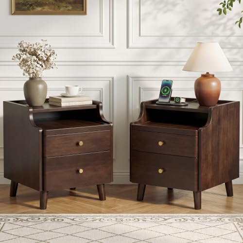 Nightstand Set of 2, Pre-Assembled, 19.7“H Solid Wood Night Stand with 2 Drawers, Open Sliding Shelf, Mid Century Modern Small Bedside Table for Bedroom, Black Walnut 16" - color: Black Walnut-2pack, size: 16"