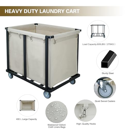 Commercial Laundry Cart with Wheels,400L Beige | 600 lbs Heavy Duty Laundry Cart,Steel Frame and Oxford Cloth Bag,Industrial Laundry Cart with Wheels,Housekeeping,Hotel - color: Beige