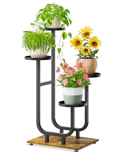 iDavosic.ly 4 Tier Plant Stand Indoor, Corner Tiered Multiple Flower Holder Shelf with Metal Trays, Orchid Display Wooden Rack for Patio Porch Living Room Balcony Outdoor, Modern Black & Rustic Brown - color: Modern Black, size: 4 Tiers