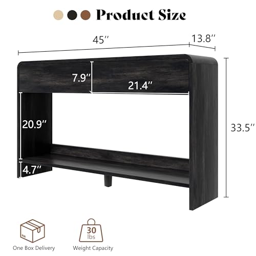 AMERLIFE 45" Modern Entryway Console Table with 2 Storage Drawers | Open Bottom Shelf, Wood Grain Finish, Rounded Edges, Long Sofa Table, Behind Couch, Hallway, Foyer, Living Room, Black - color: Black - Flat Panel, size: 45"