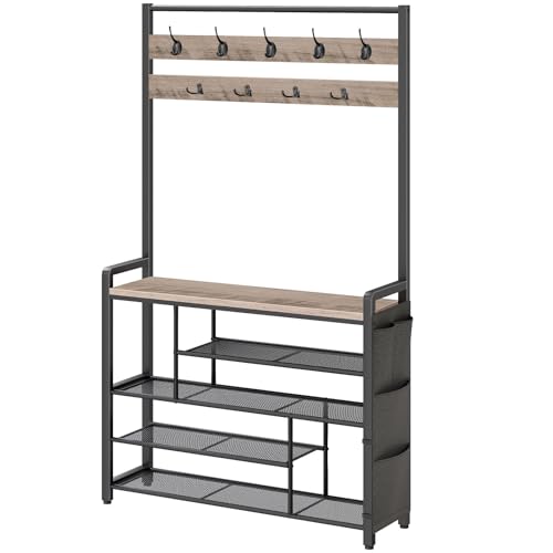 HOOBRO Hall Tree with Bench, Shoe Rack with Coat Rack, 39.4" Coat Rack with Shoe Storage, 5 Tier Shoe Storage Organizer, Oxford Fabric Side Pockets, Coat and Shoe Rack Entryway, Greige BG46MT01 - color: Greige, size: 39.4"L x 11.8"W x 70.9"H