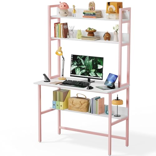 Aquzee Girls Desk with Hutch, 40“W x 19.6" D Computer Desk with Shelves, Tall Home Office Desk with Bookshelf, Metal Legs Study Table with Upper Storage Shelf for Study Writing/Workstation, Pink - color: Pink, size: 40inch