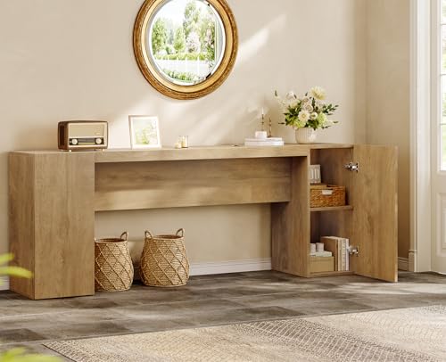 70.9-Inch Extra Long Console Table with 2 Storage Cabinet, Wood Sofa Table Behind Couch, Accent Entryway Table with Double Base for Living Room Hallway Foyer Entrance (Natural Oak)