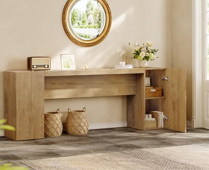 70.9-Inch Extra Long Console Table with 2 Storage Cabinet, Wood Sofa Table Behind Couch, Accent Entryway Table with Double Base for Living Room Hallway Foyer Entrance (Natural Oak)