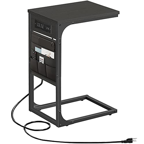 TUTOTAK C Shaped End Table with Charging Station, Side Table for Sofa and Couch with Storage, TV Tray Table with 2 USB Ports & Outlets - Black TB01BK024 - color: Black, size: 1 Pack (11.8"W), style: With Plug
