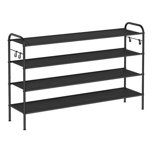 SONGMICS Shoe Rack, 4-Tier Shoe Organizer, Fabric Shoe Shelf Storage with 4 Hooks, Holds up to 24 Pairs of Shoes, Height-Adjustable Shoe Rack for Entryway, Hallway, Closet, Easy Assembly, Ink Black - color: Ink Black, size: 4 Tier (27.5"H)