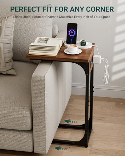 C-Shaped Side Table for Couch - Small Coffee Stand Sofa Tray Desk with Metal Frame Waterproof Scratch Resistant Wood Top and Built-in Charging Station, Rustic Walnut - color: Rustic Walnut, size: 1-Pack, style: Includes Power Outlets