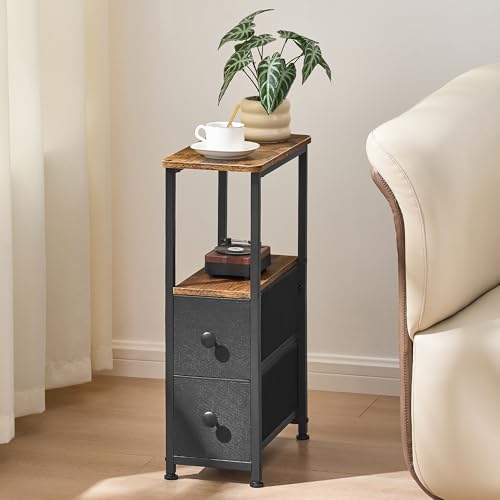 DALEMHOME End Table, Narrow Side Table with 2 Fabric Drawers, Slim Nightstand, Small Bedside Table with Storage, Living Room, Bedroom, Rustic Brown HKET1200BR - color: Rustic Brown, size: 7.9" W x 15.7" D, style: No Power