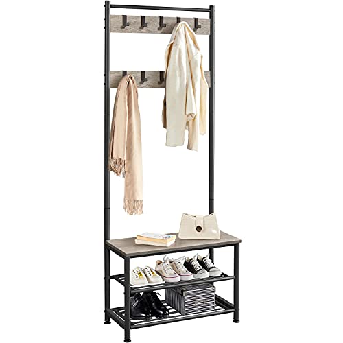 Yaheetech 3-in-1 Hall Tree Bench and Shoe Storage, Entryway Coat Rack, Gray | Easy setup, 275-lb metal-frame bench, 9 movable hooks, 2-tier shoe rack, fits narrow apartment entryways and hallways - color: Grey, size: 28.5'' W