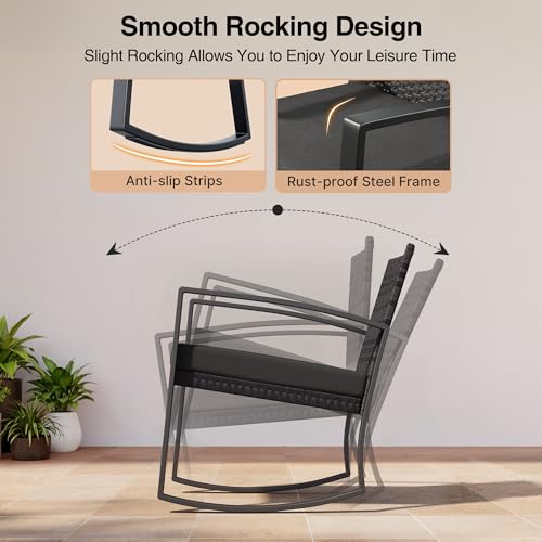Qsun 3 Pieces Patio Furniture Set Rocking Bistro Set, Outdoor Patio Furniture Set with Coffee Table for Garden Balcony Backyard Poolside (Black Cushion) - color: Black