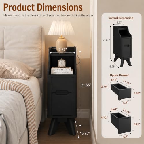 7.87"Narrow Side Table, Wood Small 2 Drawer Nightstand with Charger Station | Thin Couch Side End Table, Skinny Bedside Table Small Spaces, Mid Century Modern Night Stand with Drawers, Black - color: Black, size: Narrow (2 drawer)